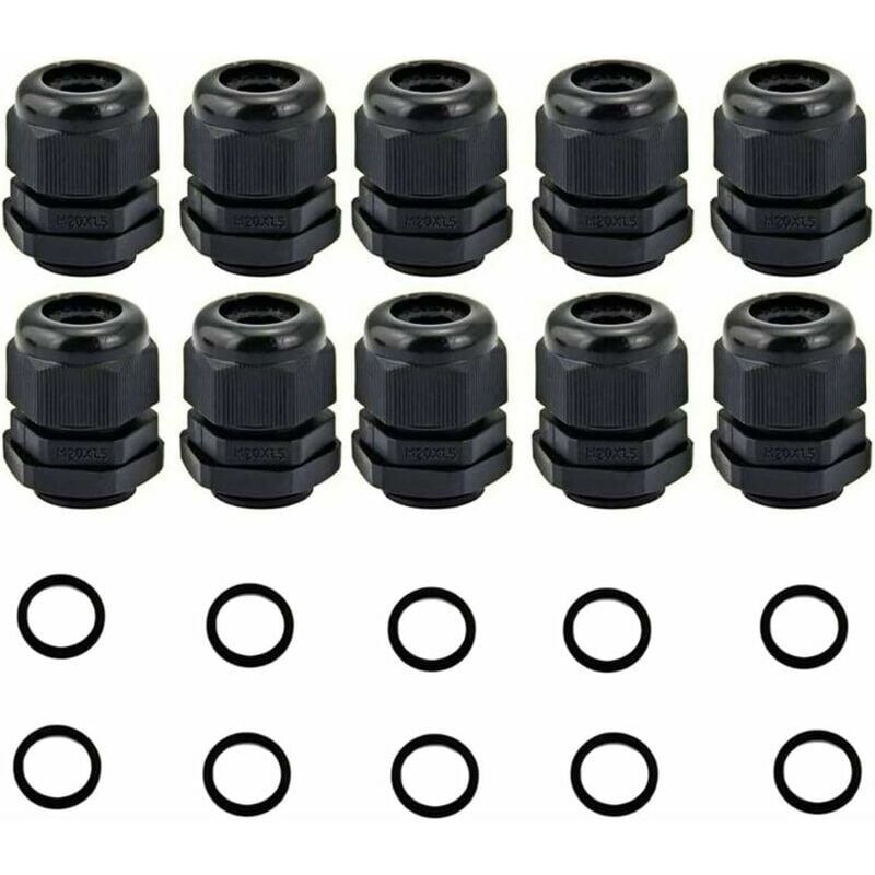 Tumalagia - 10 Pieces pa Nylon Plastic IP68 Waterproof M20 x 1.5 Black Cable Glands with Rubber Washer, M20 Cable Gland for 6 mm - 11 mm Cable