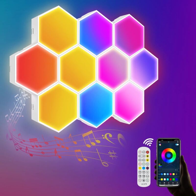10 Pièces Panneau LED Mural Hexagone Gaming Murale Lampe Sync Avec Musique Smart RGB Ambiance Light avec App, 16 Millions de Couleurs Creative