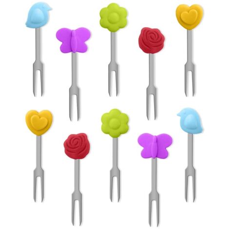 10 Pièces Petite Fourchette à Dessert Inox,Mini Fourchette Apéritif Cocktail,Fourchettes à Fruits,Fourchette à Gâteau Salade Sandwich,Fourchette de Table Restaurant avec Décoration en Silicone