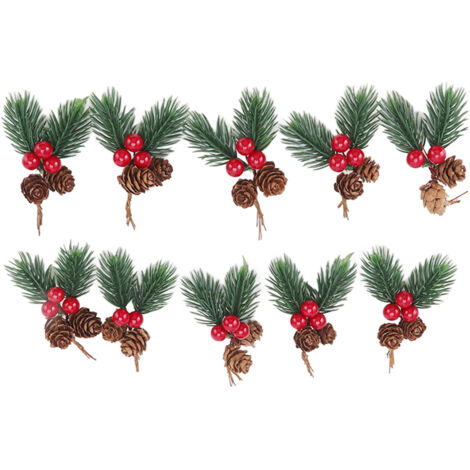 10 Pièces Pics de Noël Cônes de Pin Baies Rouges Décorations Artificielles Délicates