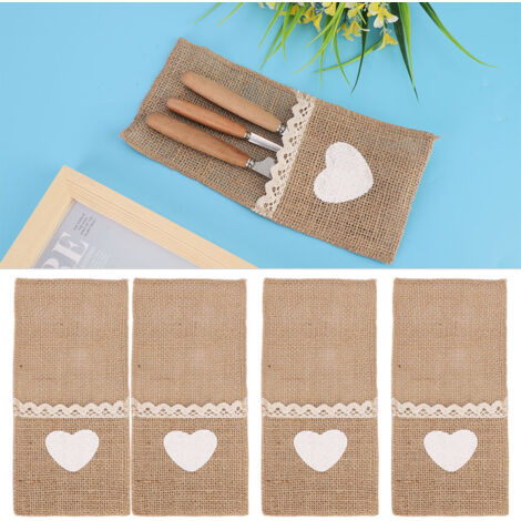 10 pièces Poches de Jute Dentelle Cœur pour Couteaux Fourchettes - Décoration Mariage, Noël, Fêtes - Porte-couverts Rustique Éco