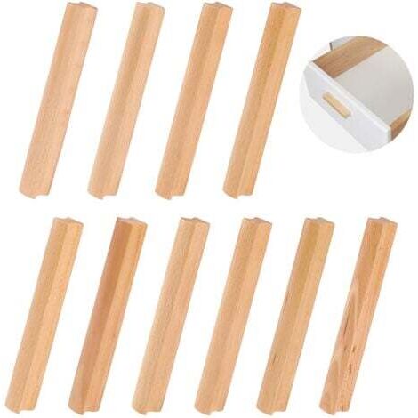 10 Pièces Poignee de Meuble en Bois, Poignée Bois pour Armoire, Espacement des Trous 128 mm de Poignée de Meuble Placards en Bois, Poignées de Cuisine en Bois Universelles pour Les Placards