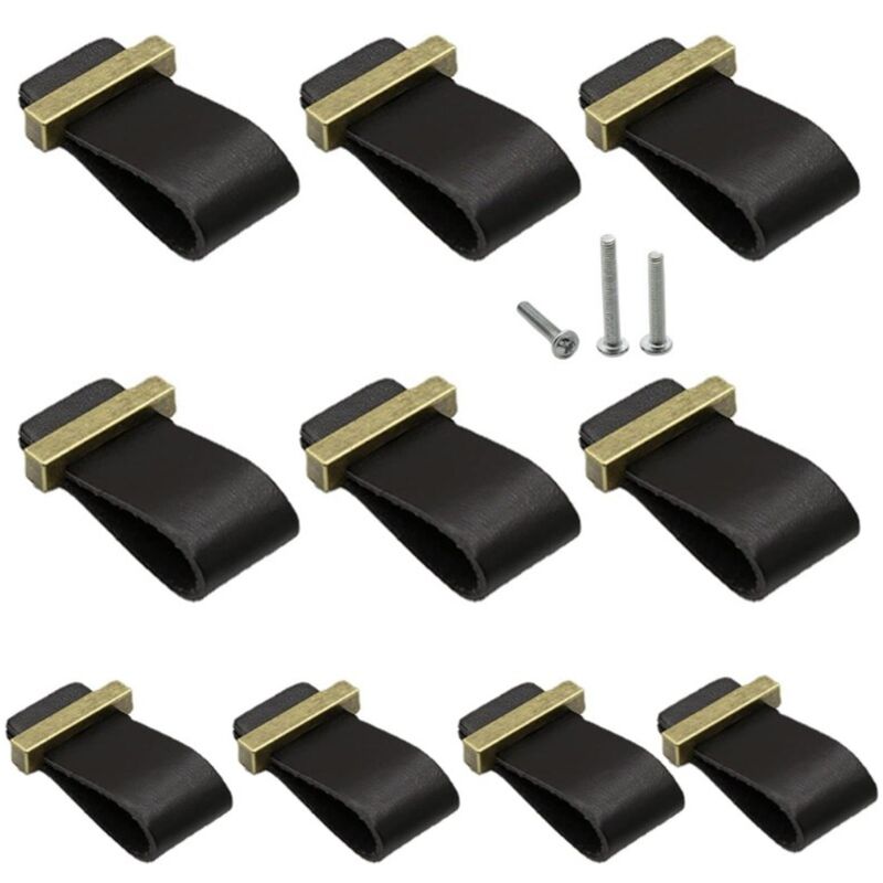 Csparkv - 10 Pièces Poignée en Cuir pour Meuble Noir, Poignées de Placard Boutons de Porte de Tiroir en Cuir Commode Armoire Bouton Poignées avec