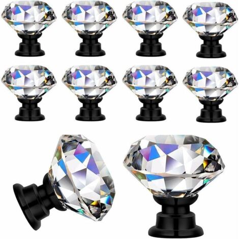 10 Pièces Poignées Boutons de porte Transparent Diamant Cristal Verre Portes Meuble Tiroir Placard Décoration Avec Vis，30mm (10PCs, Noir)--TRIMEC