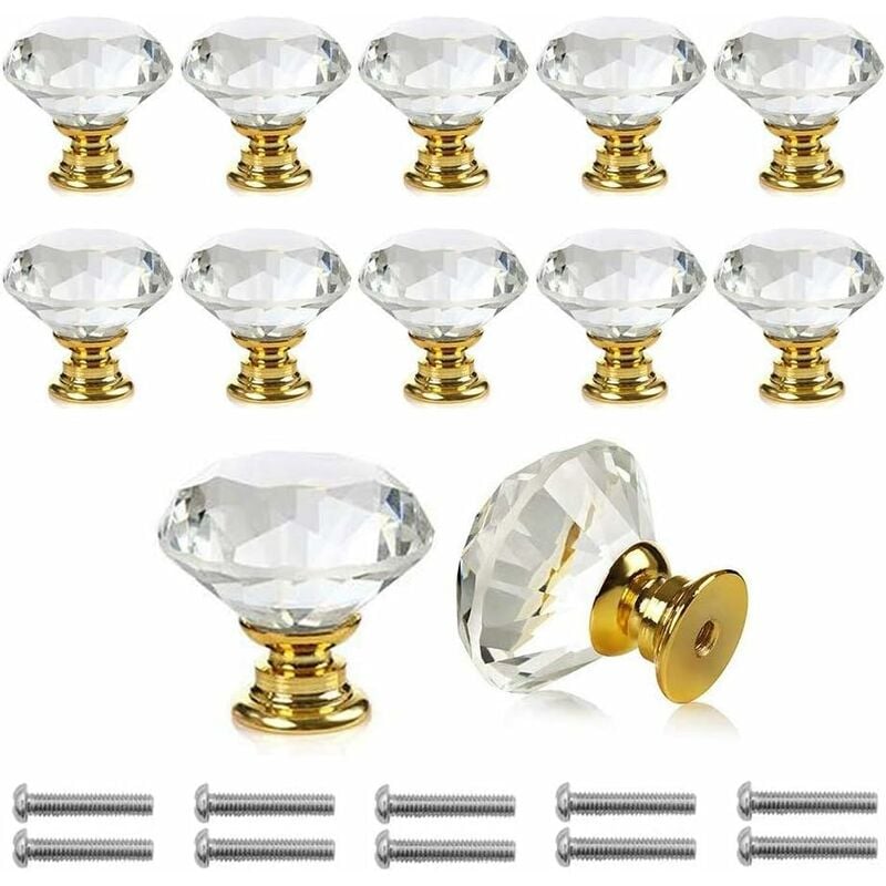 Fei Yu - 10 Pièces Poignées Boutons de portesTransparent Diamant Cristal Verre Portes Meuble Tiroir Placard Décoration Avec Vis(30mm) (Gold)