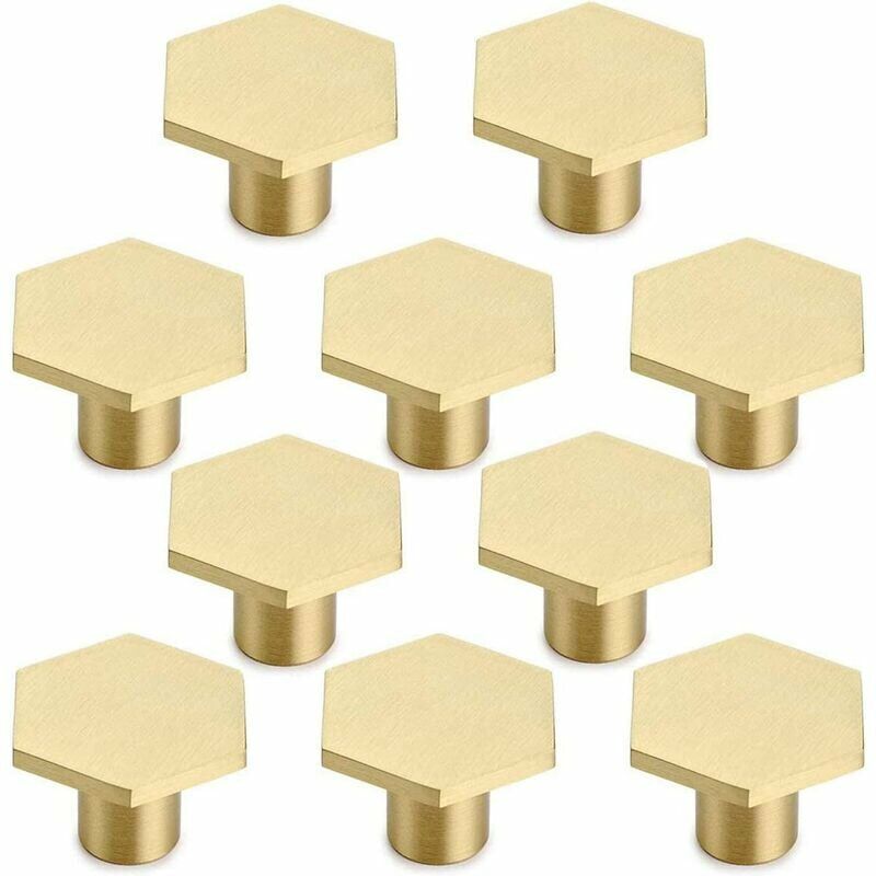 10 Pieces Solid Brass Hexagonal Knobs, Cupboard Door Handle Round Brass Knob with Screws, Cupboard Door Decoration, Furniture Handle
