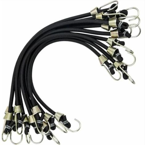 10 Pièces Tendeurs avec Crochets Mini Elastiques Tendeurs Universels Robustes Tendeurs Sandow avec 2 Crochet Résistants Sangle pour Tente Camping Moto Remorque Bagage Voiture et Vélo, Noir
