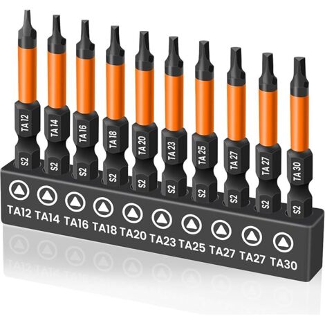 10 pièces Tournevis Triangle, Longueur 50mm Embout de Tournevis Triangulaire, Embouts de Vissage Magnétiques, Embout Triangle S2 Acier Tige hexagonale de 1/4", Tailles TA12-TA30