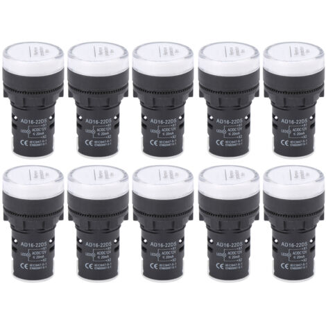 10 Pièces Voyant Lumineux LED AD16-22DS Blanc Haute Luminosité Accessoire Équipement 12V AC/DC