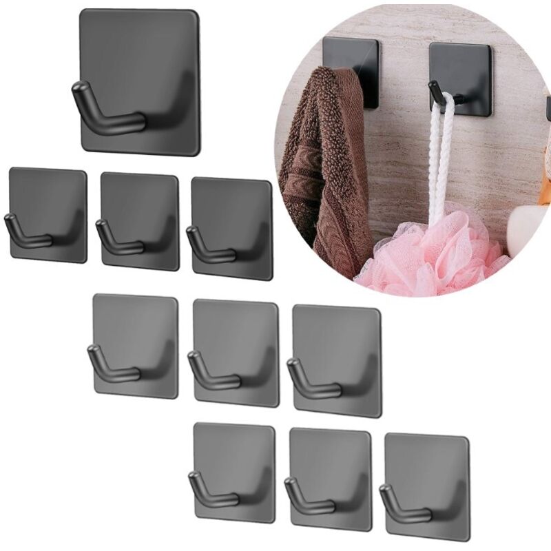 Csparkv - 10 Pièces,Noir crochet Adhésif Crochet Mural Salle de Bains En Acier Inox SUS304 Porte Serviette pour la Cuisine, le Salon et le Bureau