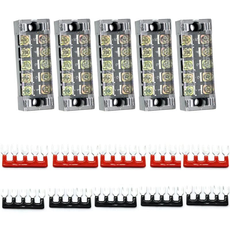 

10 piezas (5 juegos) -5 piezas 600V 15A 5 posiciones Tira de terminales de tornillo de doble fila con cubierta + 5 piezas 600V 15A 5 posiciones Tira