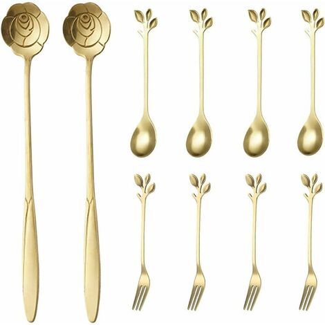 10 piezas de cucharas de café doradas (2 cucharas largas + 4 cucharas cortas + 4 tenedores)