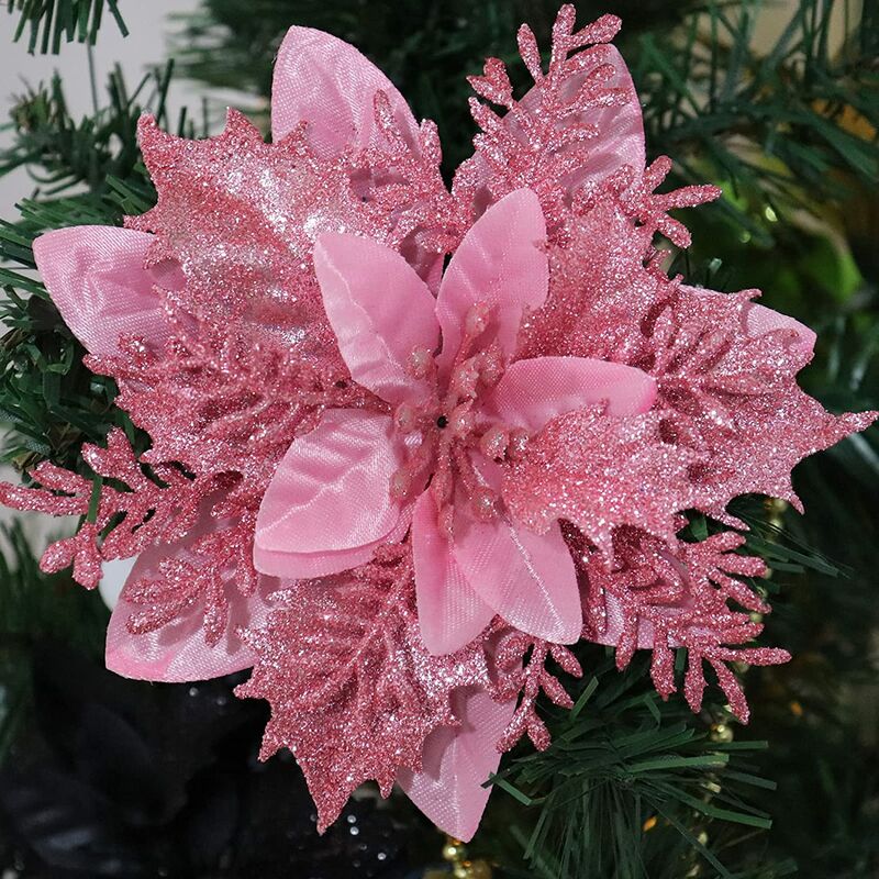 

10 piezas de decoración de flores de Navidad artificiales de Poinsettia con clips y tallos, adornos de Poinsettia de Navidad con purpurina para