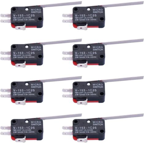10 piezas Microinterruptor de bisagra larga, brazo de palanca derecho SPDT, interruptor de límite de acción instantánea para Arduino V-153-1C25