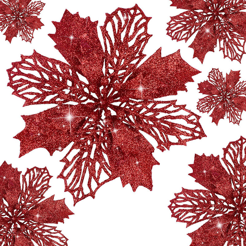 

10 piezas de flor de nochebuena Pointsetta artificial con clips Decoraciones navideñas Glitter Poinsettia Decoraciones navideñas Árbol de Navidad