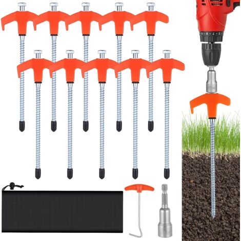 10 Piquets de tente, Acier au carbone, Extracteur, Clé hexagonale, Sac rangement, Camping Jardin