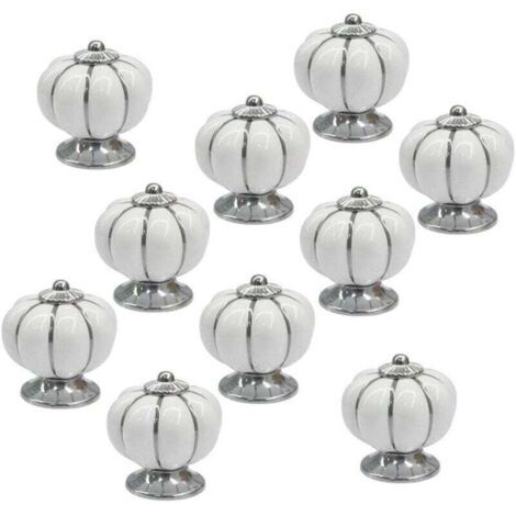 10 Poignées de Tiroir en Céramique Blanche Rondes Style Citrouille Finition Chrome pour Meuble