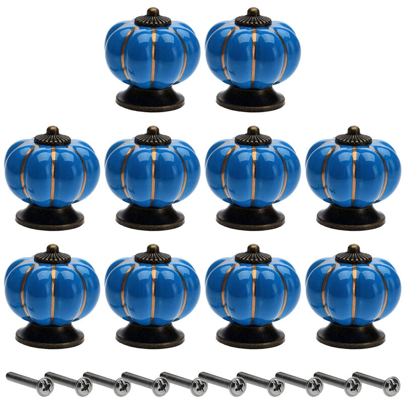 Image of Set di 10 Pomelli Mobili Ceramica 40mm Maniglia per Porta Armadio Cassetto Forma di Zucca con Viti - Blu
