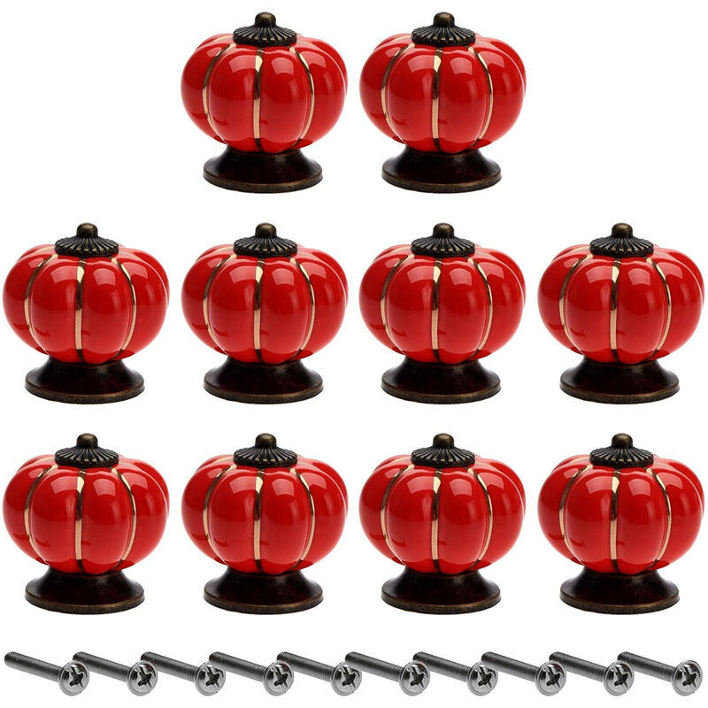 Image of Petites Ecrevisses - Set di 10 Pomelli Mobili Ceramica 40mm Maniglia per Porta Armadio Cassetto Forma di Zucca con Viti - Rossa