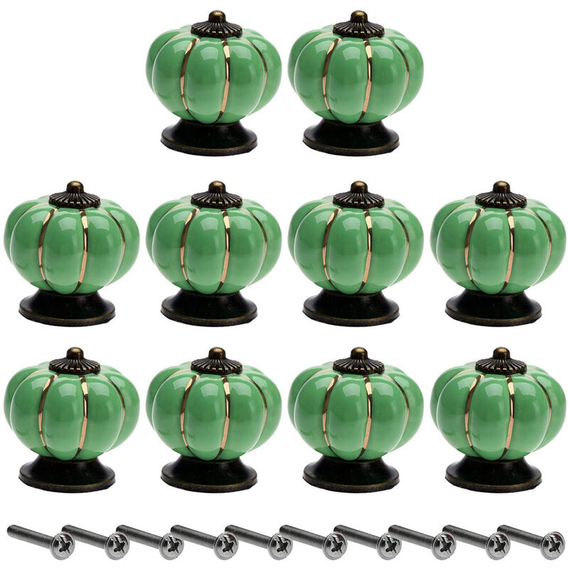 Image of Set di 10 Pomelli Mobili Ceramica 40mm Maniglia per Porta Armadio Cassetto Forma di Zucca con Viti - Verde