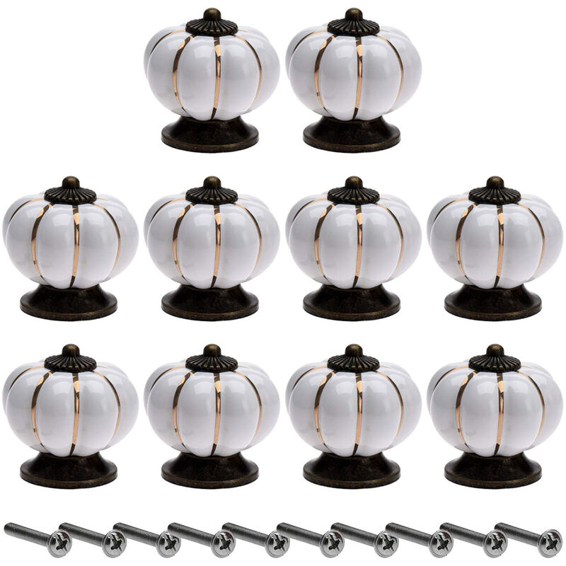 Image of Set di 10 Pomelli Mobili Ceramica 40mm Maniglia per Porta Armadio Cassetto Forma di Zucca con Viti - Bianco