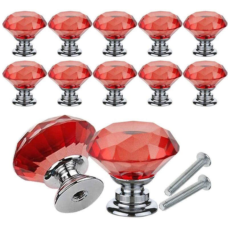 Image of Petites Ecrevisses - Set di 10 Pomelli per Armadietto Cristallo Maniglie per Mobili 30mm Forma di Diamante con Viti Rosso