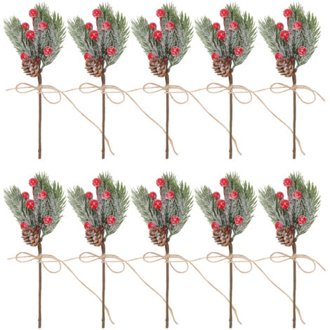 10 pommes de pin rouges artificielles, avec branches sans aiguilles, parfaites pour la décoration du sapin de Noël, les travaux manuels et les couronnes - B-1 Branches de Noël à baies rouges A12467