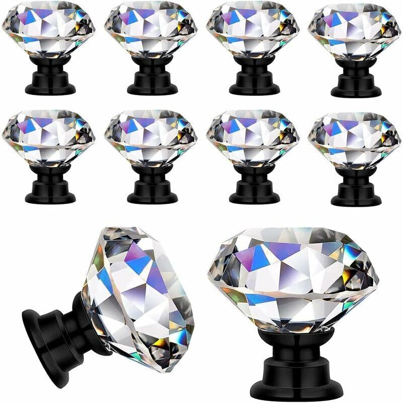 Xisrens Schwarz 10 Pomos De Cristal Transparente De Diamante Para Puertas De Muebles, Cajones Y Armarios, Con Tornillos, 30 Mm (10 Unidades, Negro) - Trimec