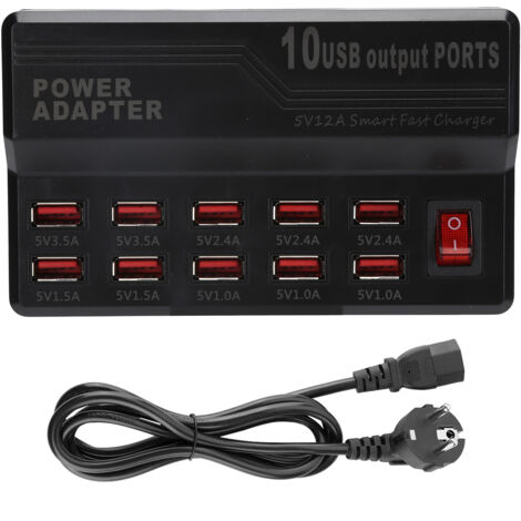 10-Port-USB-Schnellladestation, 12-A-Smart-Netzteil mit 100–240-V-EU-Stecker