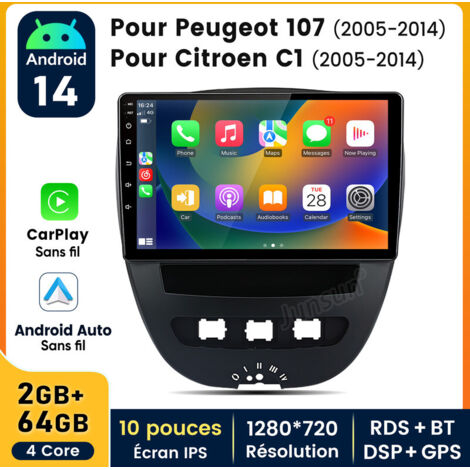10 pouces Carplay Autoradio pour Peugeot 107/Citroen C1 Android 2+64GB JUNSUN