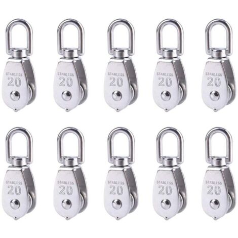 10 poulies de levage en acier inoxydable pour câble métallique, poulie à crochet pivotant simple M20, poulie de suspension pour câble de remorquage.