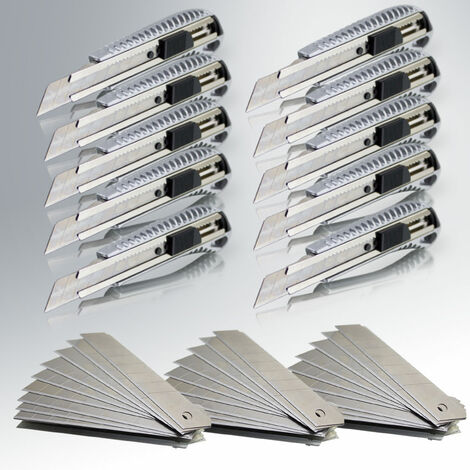 10 Profi Aluminium Cuttermesser Teppich 18mm inkl. 30 Ersatz Abbrechklingen Alu Cuttermesser mit eisgehärteten Stahl Klingen - Silber