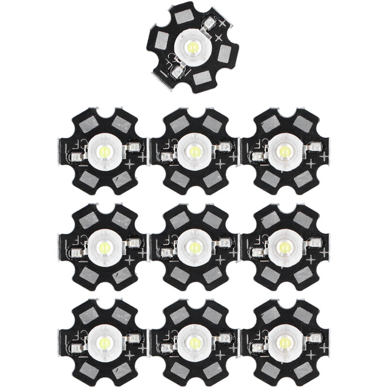 10 puces LED DIY haute luminosité (1W chacune), base en aluminium, température de couleur 6500K, 90 lumens, lumière blanche 20mm.