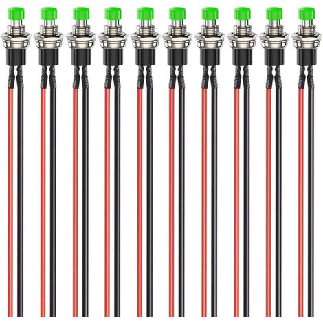 10 pulsadores momentáneos mini precableados de 7 mm, 3 V, 6 V, 12 V, 24 V, 230 V/1 A, SPST, normalmente abiertos, de encendido/apagado, redondos de 2 pines para modelismo ferroviario, color verde