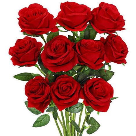 10 roses artificielles, bouquet de roses artificielles à tige unique, convient pour la décoration de la maison, des mariages et des fêtes (rouge).