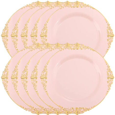 10 runde, puderrosa Plastik-Salatteller/Einwegteller mit 20 cm Durchmesser und geprägtem goldenen Barockrand, für Party- und Eventdekorationen.