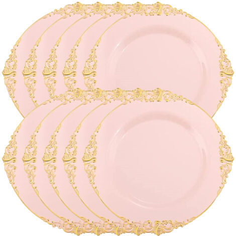 10 runde rosa Plastiksalatteller/Einwegteller, 20 cm (8 Zoll) Durchmesser, mit geprägten goldenen Rändern im Barockstil, perfekt für Party- und Eventdekorationen.