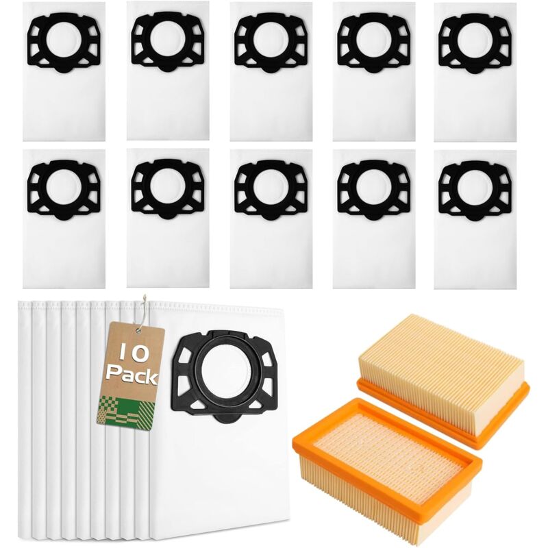 10 Sac Aspirateur pour Karcher WD6 WD4 WD5 MV4 MV5 MV6, Remplacement Sac et 2 Filtre pour Aspirateur Karcher, Kit Sacs à Poussière+Filtre pour