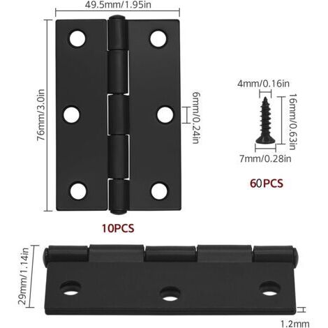 10 schwarze Türscharniere – 75 mm (3 Zoll) Schranktürscharniere mit 60 schwarzen Schrauben, Innentürscharniere für Wohnmöbel, Holztürscharniere