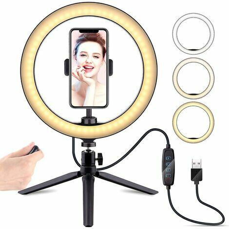 10 "Selfie Ring Light avec support de trépied, lampe à LED de bureau à intensité variable Ringlight avec obturateur à distance sans fil