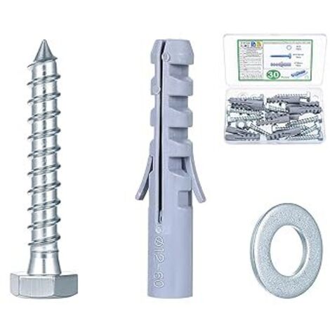 10 SetVis et Chevilles Set, M12 x 60mm Cheville Parpaing Creux avec M10 x 60mm Vis Hexagonaux, Boulons de Fixation Murale et Vis à Autotaraudeuses pour Creuses Cloison Sèche Béton Plaques de Plâtre