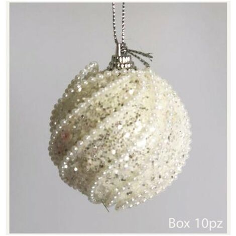 10 sfere palle decorate per albero natale Ø6 cm - colore bianco