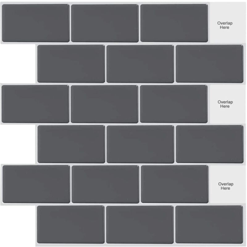 10 Sheets Peel and Stick on Tiles Metro Subway Self Adhesive Wall Tiles Grey Black for Kitchen Bathroom (12" x 12")
