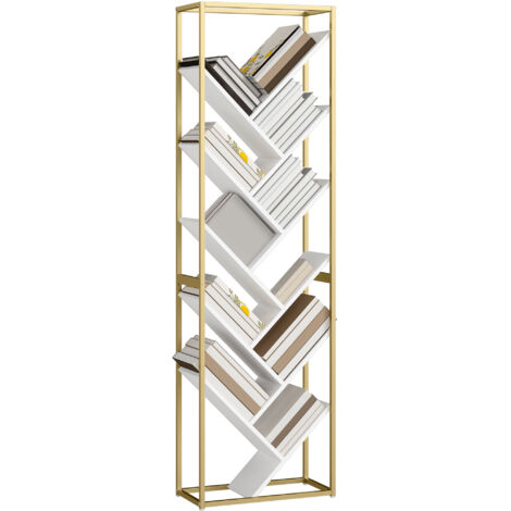 10 Shelf Modern-Style Bookshelf - Gold Tone/White