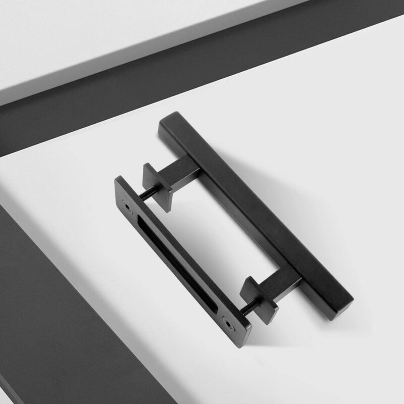 10" Sliding Barn Door Pull Handle with Flush Hardware Set, Double Sided, Heavy Duty, Square, Matte Black Powder Coated Finish, Easy Install