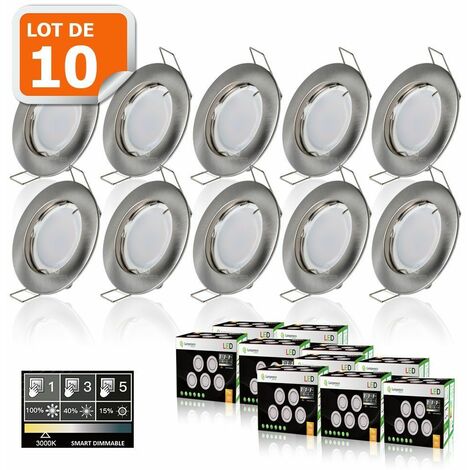 10 SPOTS LED DIMMABLE SANS VARIATEUR 7W eq.56w BLANC CHAUD FINITION ALU BROSSE