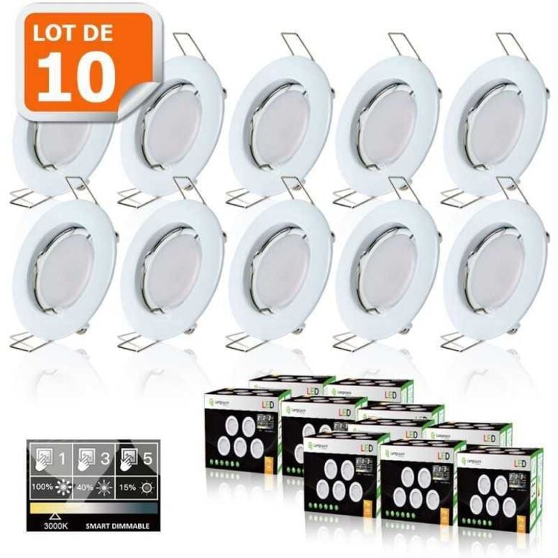 10 Spots led 3-step dimmable sans variateur 7w eq.56w blanc chaud finition blanc