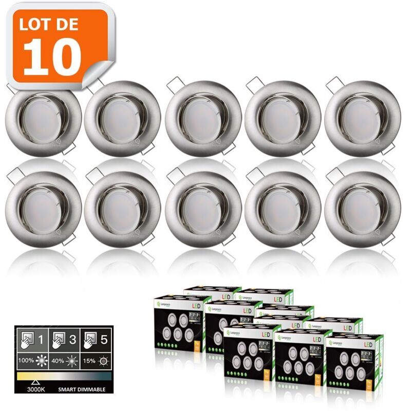 Lampesecoenergie – Lot de 10 spots led dimmables 7W blanc chaud – Orientables 25° – 560 lumens – Installation directe 230V – Finition alu brossé Lampesecoenergie – Lot de 10 spots led dimmables 7W blanc chaud – Orientables 25° – 560 lumens – Installation directe 230V – Finition alu brossé