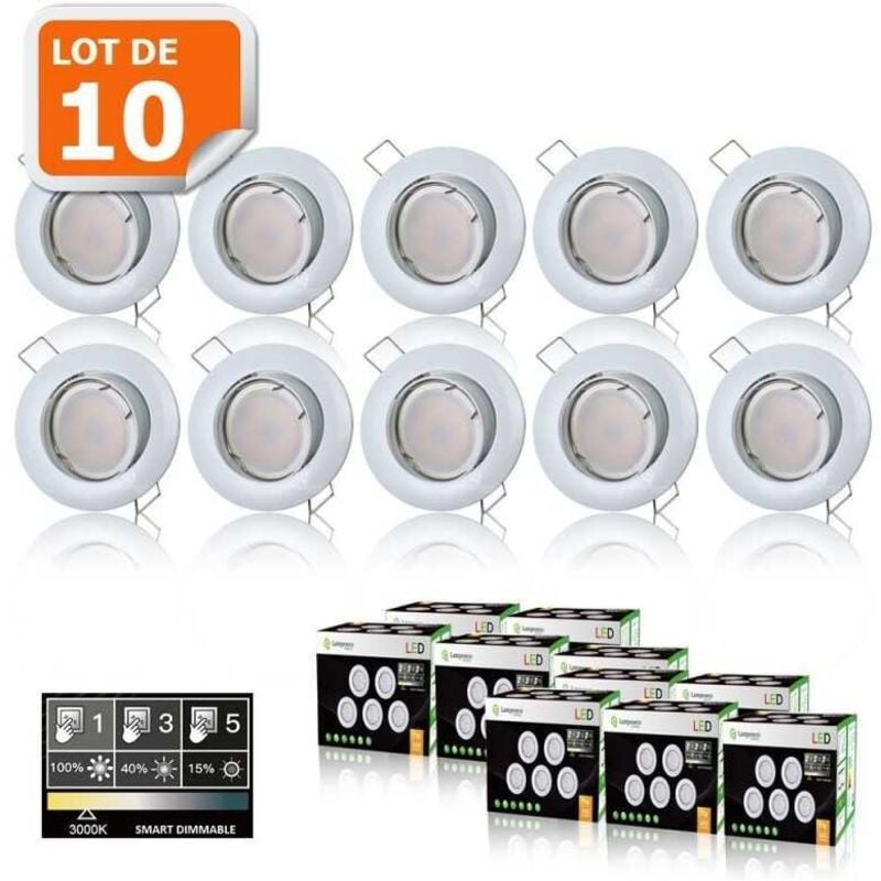 Lampesecoenergie - 10 Spots led 3-step dimmable sans variateur 7w eq.56w blanc chaud orientable finition blanc