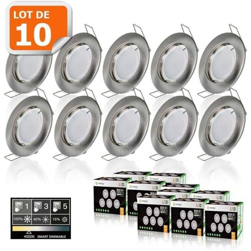 10 Spots led 3-step dimmable sans variateur 7w eq.56w blanc neutre finition alu brossé